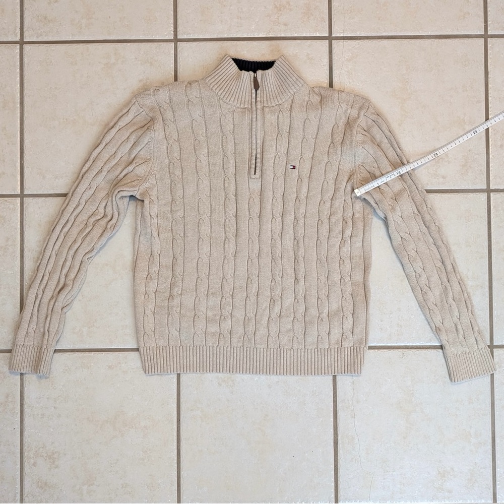 Size L Tommy Hilfiger 100% Cotton Y2K Vintage Cream Chunky Knit Quarter Zip - Picture 12 of 15